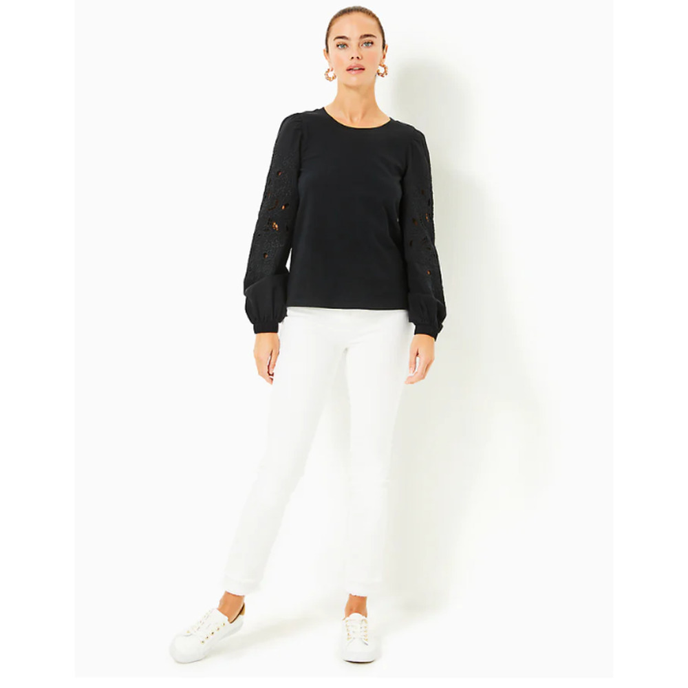 LILLY PULITZER Womens Isley Knit Top Large Black Long Eyelet Sleeves NWT - Picture 3 of 15
